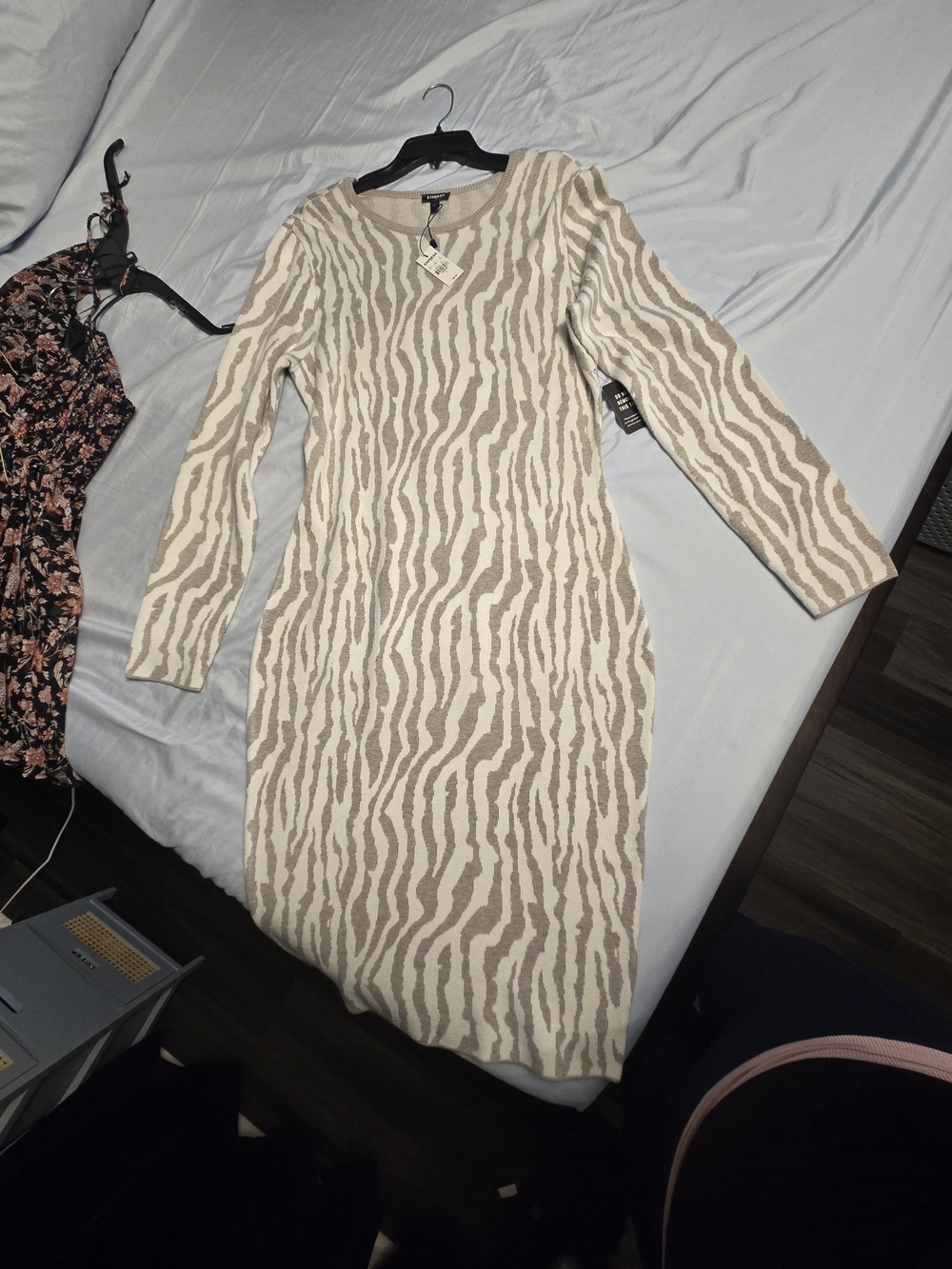 Express Beige and Cream Zebra-Print Long Sleeve Dress